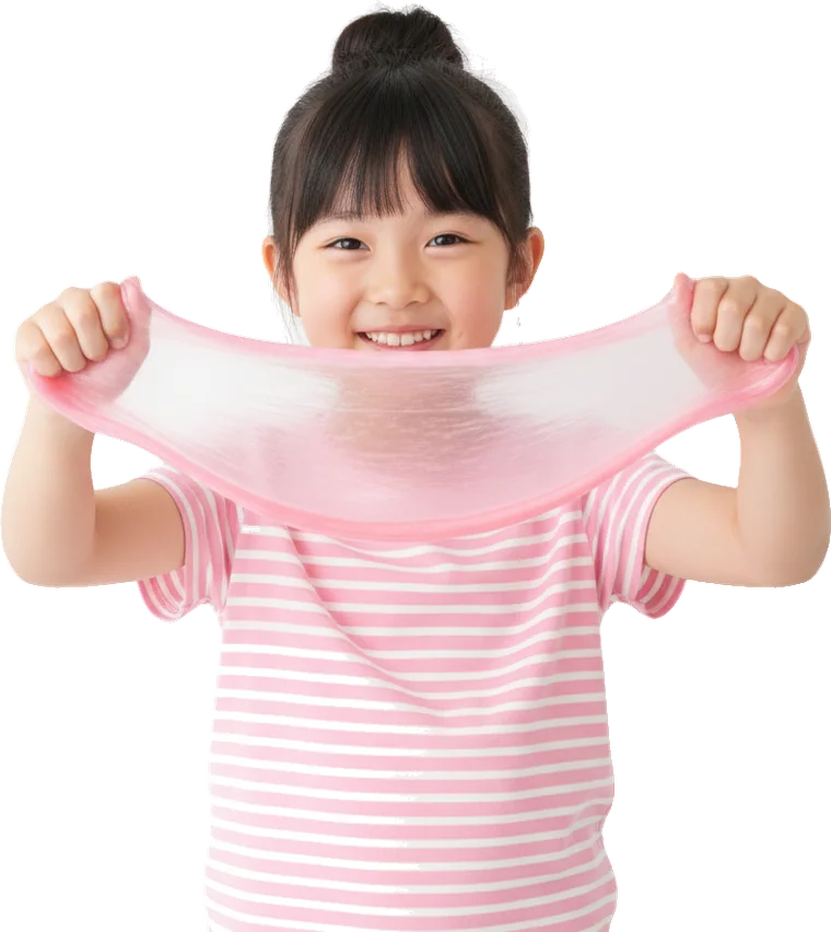 ピンクのスライムを伸ばして笑う女の子